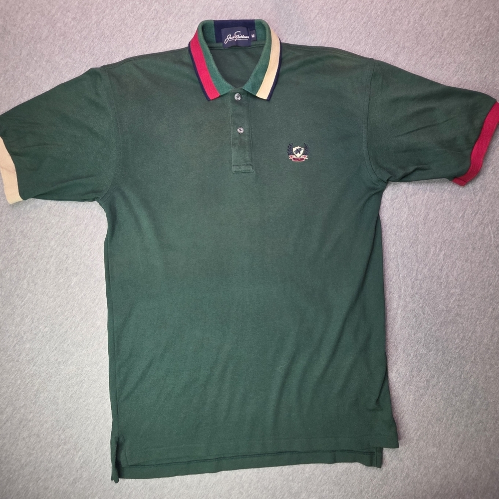 Jack Nicklaus Men's Green Polo Shirt with Red and Cream Striped Collar